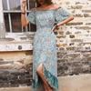 Bai Fen Zhi Yi Vestido Floral de Verano Transfronterizo Estilo Europeo y Americano, Vestido Azul de Hombros Descubiertos Estilo Retro Francés Pastoral