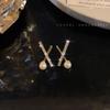 Pendientes de Plata S925 con Cruz Geométrica y Perla para Mujer, Pendientes Brillantes con Diamantes, Elegantes Estilo Francés, Diosa Socialité, Venta al por Mayor