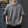 Camiseta Masculina de Manga Curta Lavada Vintage Pesada de Verão Solta Tamanho Grande Costura Camiseta Velha Casual Americana Tendência Meia-manga