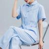 Uniforme de Enfermeira Feminino Verão Manga Curta Azul Gola Boneca Macacão de Enfermeira Uniforme de Trabalho de Enfermeira de Hospital