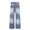 Pantalones acampanados de mezclilla lavada con efecto desgastado de color contrastante, estilo hippie moderno y trendy, ropa casual holgada para hombre, pantalones largos vintage degradados