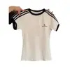 Camiseta de Verano para Mujer de Manga Corta a Rayas Niche Vintage Ajustada Versátil Camiseta Básica Estilo Americano Chica Picante