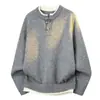 Suéter falso de duas peças com gola henley vermelha para homens, design espessado para o inverno, malha emendada, camiseta de manga longa para usar por baixo