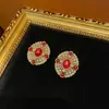 Pendientes Ovalados de Metal con Recubrimiento de Cobre Antiguo Occidental 18k Oro Vintage Combinación con Piedra Natural Roja Combinación con Perla de Vidrio