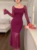Otoño 2026 Ropa Nueva Transfronteriza Europea y Americana para Mujer Sexy Adelgazante Malla Empalmada Vestido Largo de Cola de Pez con Mangas Acampanadas