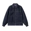 Chaqueta de Mezclilla Original Teñida Reactiva con Costuras de Contraste para Hombre, Otoño, Corte Holgado, Chaqueta con Cremallera de Trabajo, Casual, Tallas Grandes