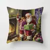 Funda de almohada creativa navideña estilo caricatura pintada a mano Funda de cojín decorativa de árbol de Navidad, trineo, Papá Noel
