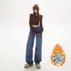 Calças YC e estilo retrô americano de cintura baixa, soltas, perna larga, versáteis para outono e inverno, jeans de perna reta, efeito emagrecedor, jeans forrados com fleece para mulheres