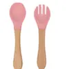 Cuchara Tenedor de Silicona para Bebé Dumo con Mango de Madera traje Cuchara Tenedor para Alimentación Infantil Suave Resistente a Caídas Alimentos Complementarios para el Hogar del Bebé