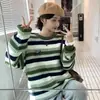 Suéter Tricô Color Block Listrado Estilo Solto Preguiçoso para Casal Homens Mulheres Estilo Coreano Comprimento Médio Mesmo Estilo Estilo College