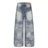 G6979 High Street Estilo Americano Unissex Lavado Vintage Moda de Rua Design Desgastado Jeans Masculino de Caimento Solto
