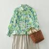 Foto Real de Camisa Floral Verde de Ramio Natural de Alto Hilo Camisa Estampada Top Delgado Suelto de Primavera para Mujer