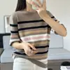 Camiseta de verano nueva de algodón puro de punto, con cuello redondo, rayas de bloques de color, manga corta, estilo coreano, corte holgado, top simple y versátil