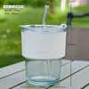 Copo de Bambu Amazon Transfronteiriço Copo com Canudo de Vidro Copo Duplo para Beber com Tampa Copo para Café Chá Presente Corporativo Personalização