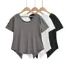 2681-26 Camiseta de Verão Fina de Manga Curta para Mulheres, Estilo Americano, Caimento Solto Irregular, Proteção Solar, Adequada para Fitness, Corrida, Yoga