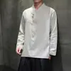 Melhorada camiseta de manga longa de algodão e linho estilo Hanfu masculino, estilo chinês, para primavera e outono, T-shirt casual plus size com decote V retrô, traje Tang, camiseta íntima masculina