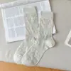 Meias Femininas de Verão Finas em Renda Vazada, Estilo Japonês, Cor Sólida, Meias Simples de Cano Médio, Combinadas com Sapatos Pequenos de Couro, Meias Longas de Algodão