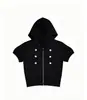 Cardigan con Capucha Estilo Coreano Moda Oscura Hebilla Metálica de Doble Fila Cremallera Mangas Cortas Abullonadas Ajustado Delgado Chica Picante Camiseta