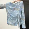 Top de Malha Transparente Leve com Mangas Longas Estampado Estilo Início do Outono Peça de Sobrepor Camiseta Redutora de Idade 7336#
