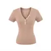 Camiseta de Verão 2026 com Decote V, Manga Curta Vazada para Mulheres, Novo Estilo Americano Hot Girl, Cor Sólida, Slim Fit, Camiseta Básica Top