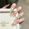 Novas unhas postiças estilo gatinho, modelo longo, puras e delicadas, cor nude de alta qualidade, com deslumbrantes diamantes 3D e pérolas