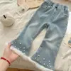 Ropa para Niñas Xie Jinmao, Estilo Invierno, Pantalones Forrados de Polar, Pantalones Acampanados de Mezclilla Calientes con Forro de Polar y Perlas, Elegantes