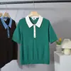 Novo Top Tricô Color Block Feminino Gola Polo Manga Curta Solto Casual Versátil 12854