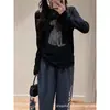 Camiseta estampada de manga larga estilo coreano, corte relajado, para mujer, nueva colección otoño 2026, cuello redondo, corte holgado, top moderno y estilizado