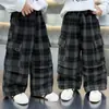 Calças de Trabalho Xadrez para Meninos Primavera e Outono 2026 Outono Novo Estilo Coreano Cool Bebê Casual Calças Longas Calças de Perna Larga