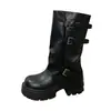 Versión de cuero suave~2026 botas de plataforma gruesa para aumentar la altura con hebilla de cinturón, botas de media caña para mujer, botas vaqueras, botas para pierna de pantalón