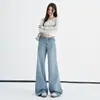 Jeans de pierna ancha simples sin cintura en color Naranja Juvenil # Azul oscuro para mujer, holgados, adelgazantes, fluidos, casuales, versátiles, de largo hasta el suelo