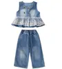 Conjunto de tres piezas de mezclilla con malla estilo coreano para niñas, moda nueva y moderna para primavera y otoño 2026 para niñas pequeñas