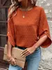 Top Retro Naranja con Lunares Europeos y Americanos para Mujer, Cuello Redondo, Mangas Tres Cuartos, Corte Holgado, Adelgazante, Ropa de Mujer Transfronteriza, Camisa de Oficina al por Mayor