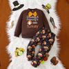 Ropa de Acción de Gracias Europea y Americana Transfronteriza para Niños Sudadera de Manga Larga con Cuello Redondo Estampado de Letras Traje de Pantalones con Estampado Completo de Pavo de Dibujos Animados
