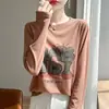 Blusa de Manga Longa com Estampa de Carta Transfronteiriça, Lançamento Outono/Inverno 2025 para Mulheres, Camada Base de Tricô Versátil, Modelo Fino