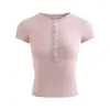 Camisa henley de estilo nuevo para verano, hombro normal, manga corta, cuello redondo para mujer, elástica, corte ajustado, realza la figura, ceñida, top tipo camiseta versátil