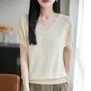 Nova Camiseta de Verão 2026 em Lyocell Estilo Coreano Manga Curta Gola V para Mulheres, Cor Sólida Versátil Fashionável Malha Solta Tendência