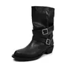 Botas de montar de moda estilo británico de 4.5 cm de tacón alto, nuevo modelo otoño e invierno 2026, punta redonda, tacón grueso, hebilla de cinturón, botas largas sin cordones