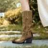 Botas de cavaleiro de salto alto grossas e retrô europeias e americanas 2024 outono e inverno novas botas ocidentais cáqui de couro de vaca com salto alto para mulheres