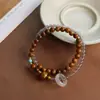 Pulsera DIY de Círculo Doble Cocido con Ágata Gris de 4 mm, Cuentas del Sutra del Corazón, Anillo Paspartú Corredizo, Pulsera de Estilo Étnico