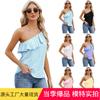 2024 Amazon AliExpress primavera e verão novo ombro simples babado cor sólida colete top plissado para mulheres