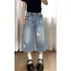 Calça Jeans Cropped Wide-Leg Bordada com Aplique Chao Li Youhuo para Mulheres, Verão Fina Emagrecedora Reta Estilo Americano 7/8