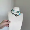 Colar longo em camadas azul com contas, estilo étnico boêmio para mulheres, gargantilha elegante e vintage para a clavícula