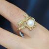 Anillo de Flor de Perla Natural Vintage de Alta Gama de Nicho Sol Nube Oro Empaquetado en Oro de 14 Quilates Tamaño Ajustable Anillo para el Dedo para Mujeres