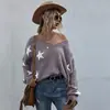 Tejido de Punto con Patrón de Estrellas Europeo y Americano Transfronterizo para Mujer, Tops de TikTok Otoño e Invierno, Suéter Básico de Manga Larga con Borlas y Cuello en V