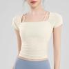 Top Esportivo Feminino para Yoga Fitness Pilates Manga Curta Slim Fit Emagrecedor Alça Fina com Bojo em Tela para Corrida Ciclismo