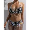 Nueva joya AYJ de cruce fronterizo europeo y americano: conjunto de sujetador hueco con piedras de imitación, bikini y falda de tirantes con flecos