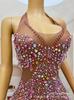 Vestido Sexy Transparente Elástico Rosa Perlado con Pedrería Espalda Descubierta Serie Fiesta de Cumpleaños
