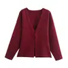 Conjunto de Dos Piezas de Punto con Cuello en V Color Vino Tinto Transfronterizo, Botón de Anillo Metálico, Cardigan de Punto, Falda Corta de Cintura Alta Ceñida a la Cadera, Conjunto de Punto con Temperamento