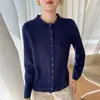 Atacado transfronteiriço outono e inverno 2025 novas malhas femininas, cor sólida, elegante, 16 pontos, com bolsos, cardigã de gola polo para o trabalho
